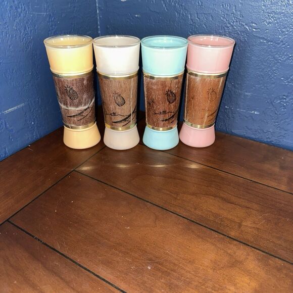 Vintage MCM Siesta Ware Tiki Bar Glasses Mahogany Wood Wrapped Set Of 4 - Picture 1 of 11